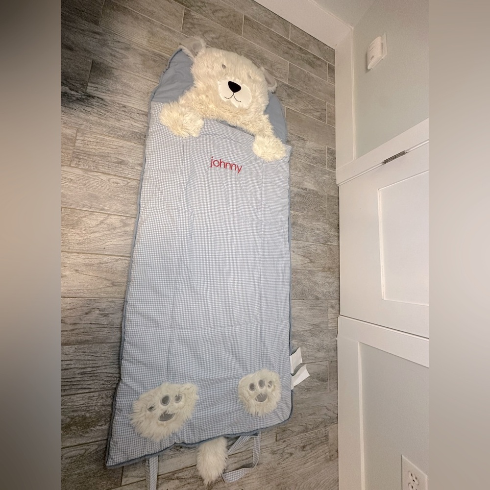 Pottery Barn Kids Shaggy Polar Bear  Sleeping Bag Blue Gingham Cotton “Johnny”